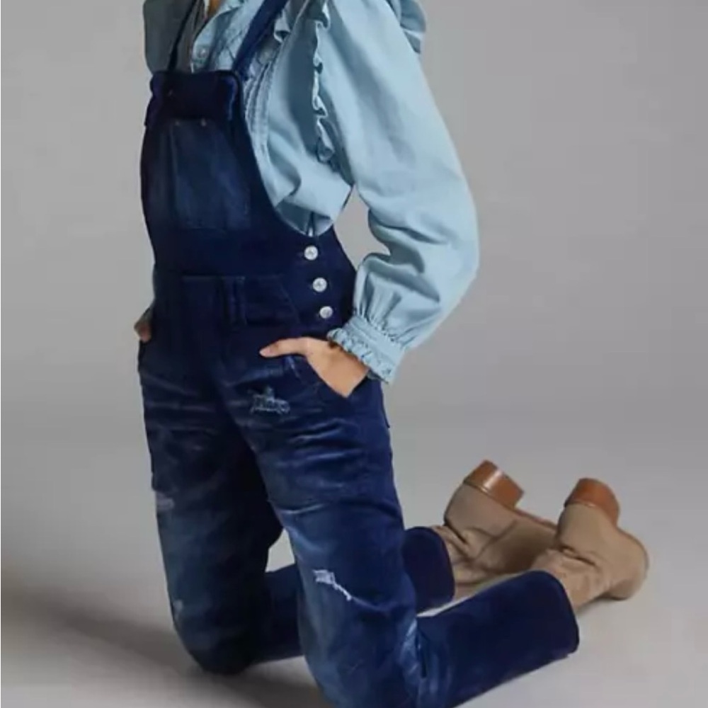 Pilcro Urban The Wanderer Velvet Overalls Jumpsuit Denim Blue 2 Boho Distressed - Picture 1 of 14